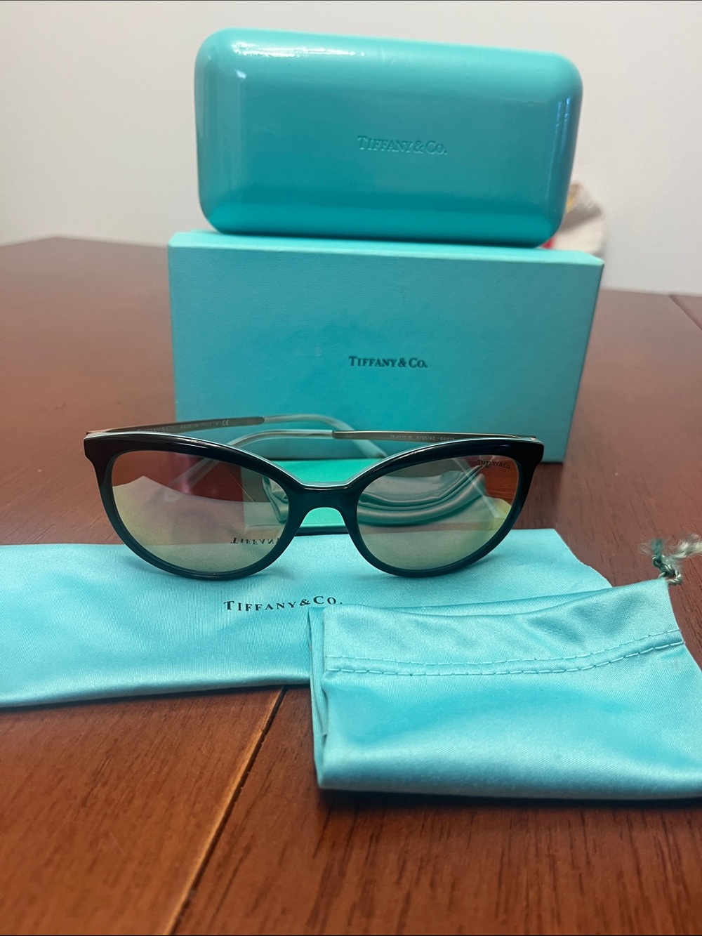 Tiffany & Co. Black Cat-Eye Sunglasses with Tiffany Blue Accessories